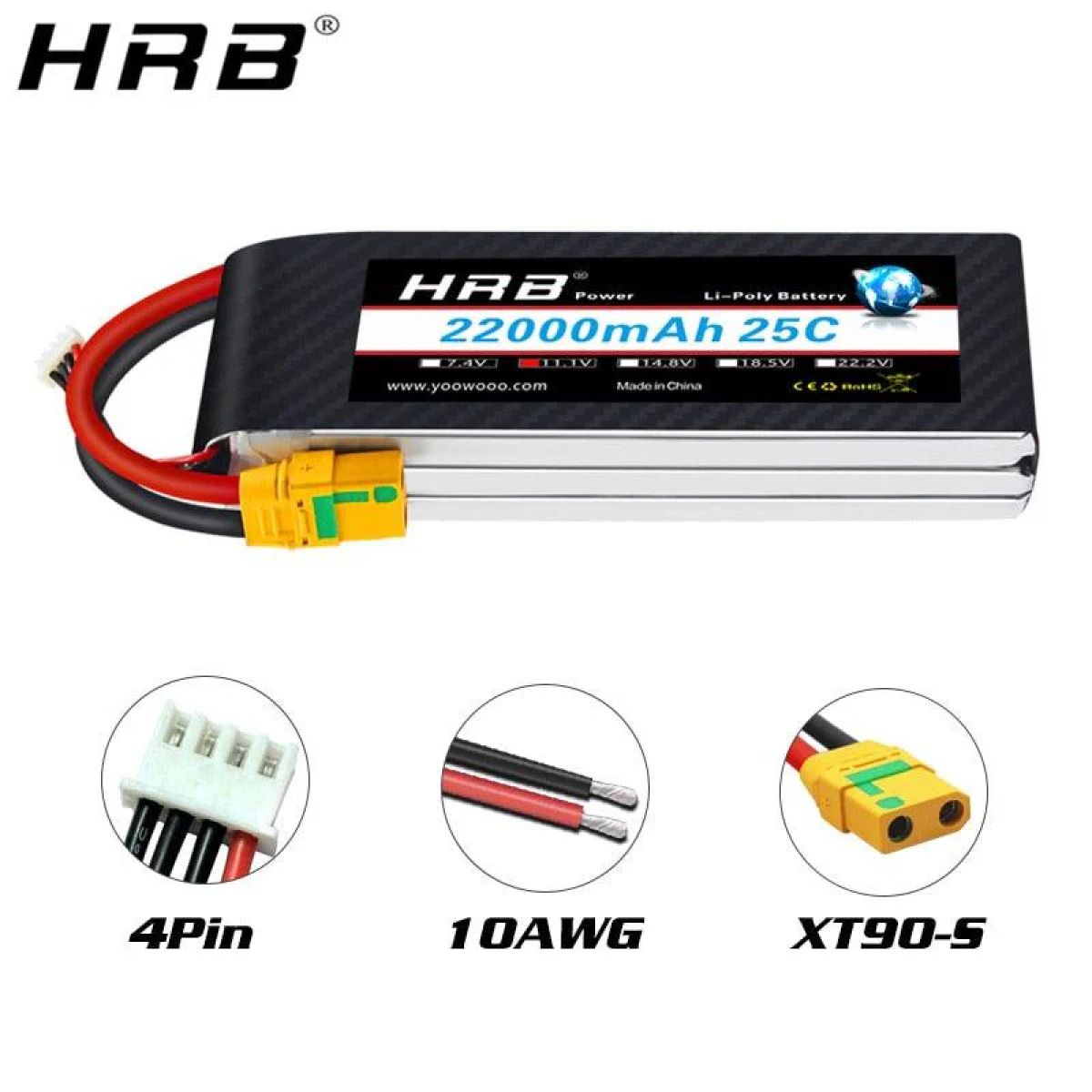 Аккумулятор HRB Lipo 3S 11.1В 22000мАч 25C XT60 T EC2 EC3 EC5 XT90 XT30 для RC авто, лодок, дронов Аккумулятор HRB Lipo 3S 11.1В 22000мАч 25C XT60 T EC2 EC3 EC5 XT90 XT30 для RC авто, лодок, дронов
