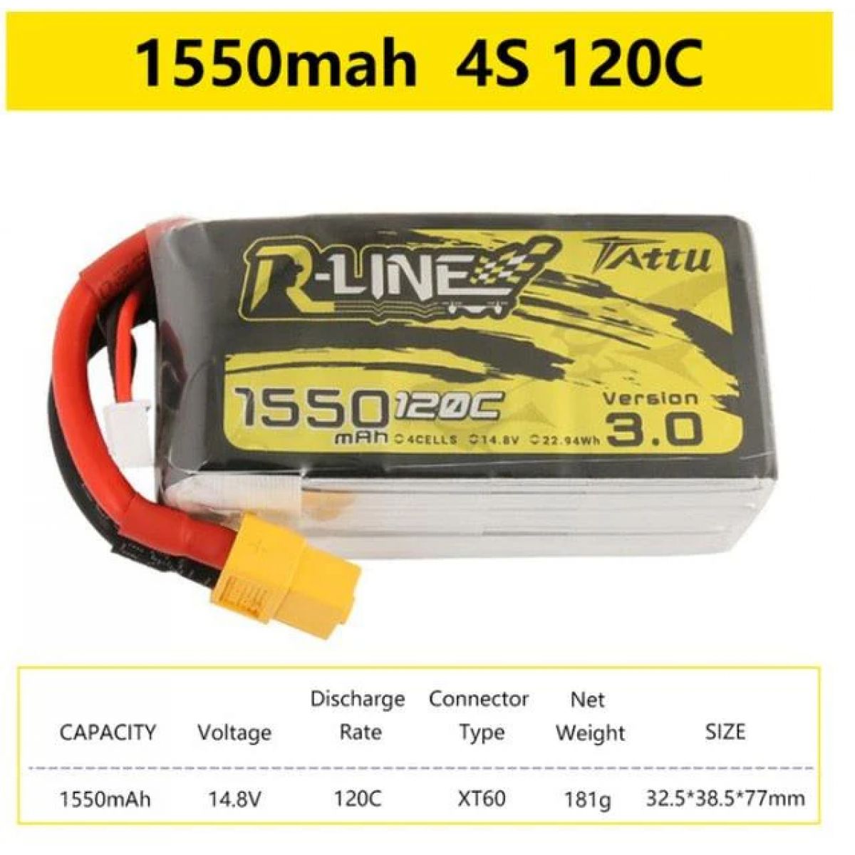 Аккумулятор Tattu R-Line V3 120C 4S/6S 4.2В 1300–2000мАч XT60 для FPV дронов и квадрокоптеров Аккумулятор Tattu R-Line V3 120C 4S/6S 4.2В 1300–2000мАч XT60 для FPV дронов и квадрокоптеров