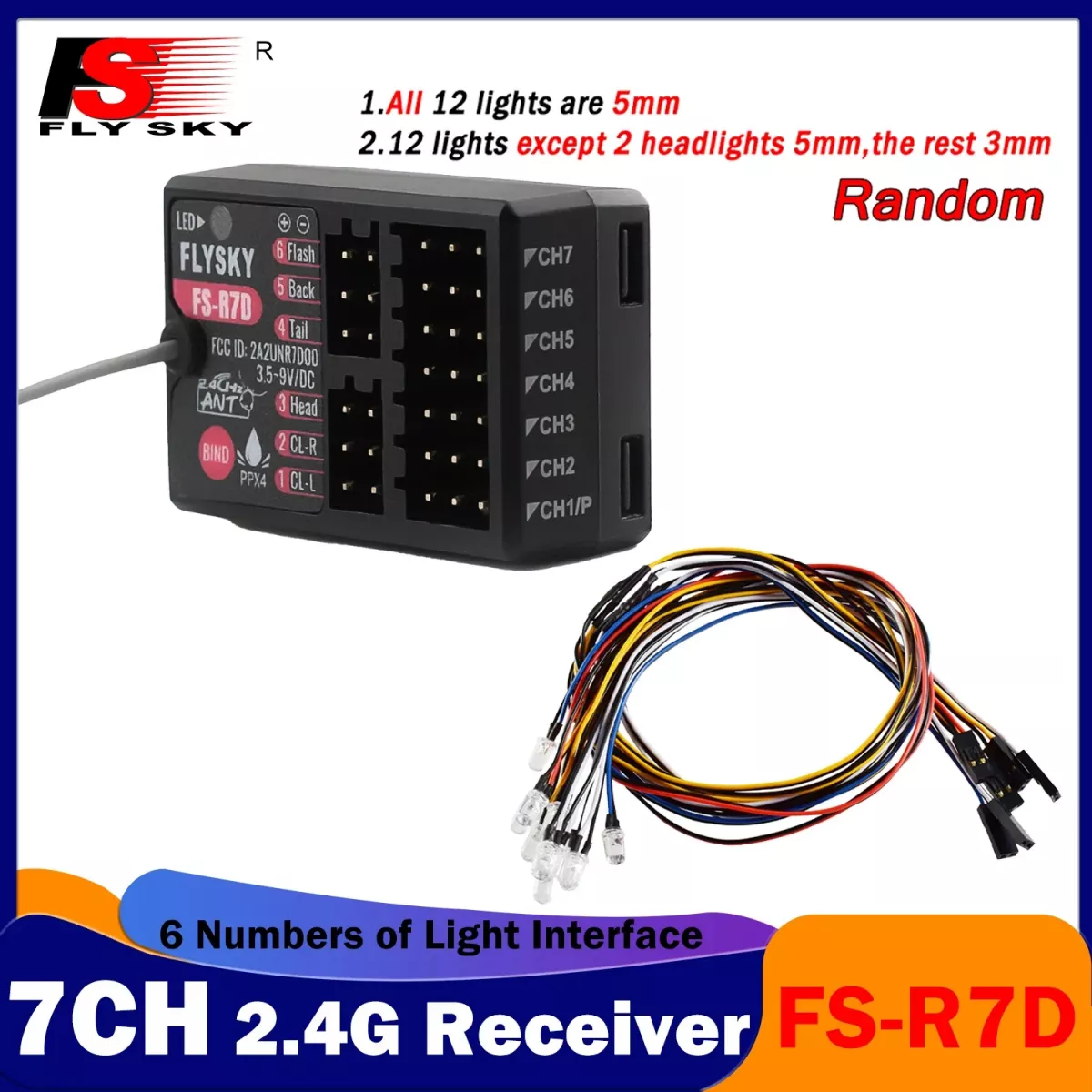 Приёмник FLYSKY FS-R7D 7CH 2.4G + 12LED подсветка 3.5-9В для RC танка/авто, передатчик FS-G7P Приёмник FLYSKY FS-R7D 7CH 2.4G + 12LED подсветка 3.5-9В для RC танка/авто, передатчик FS-G7P