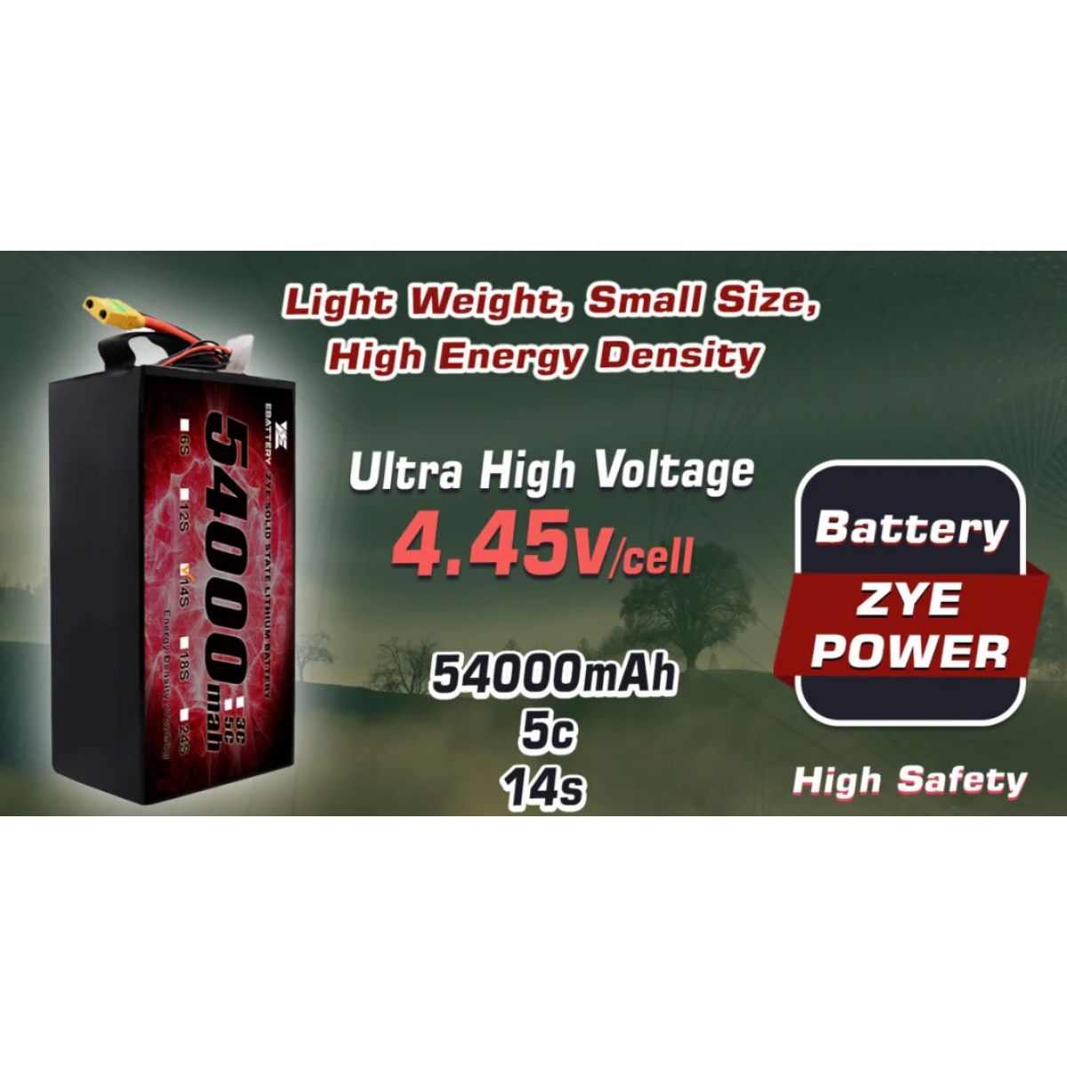 ZYE Power аккумулятор 62.3В 14S 54000мАч 4.45В/ячейка 274Вт·ч/кг Ultra HV Semi Solid-State ZYE Power аккумулятор 62.3В 14S 54000мАч 4.45В/ячейка 274Вт·ч/кг Ultra HV Semi Solid-State