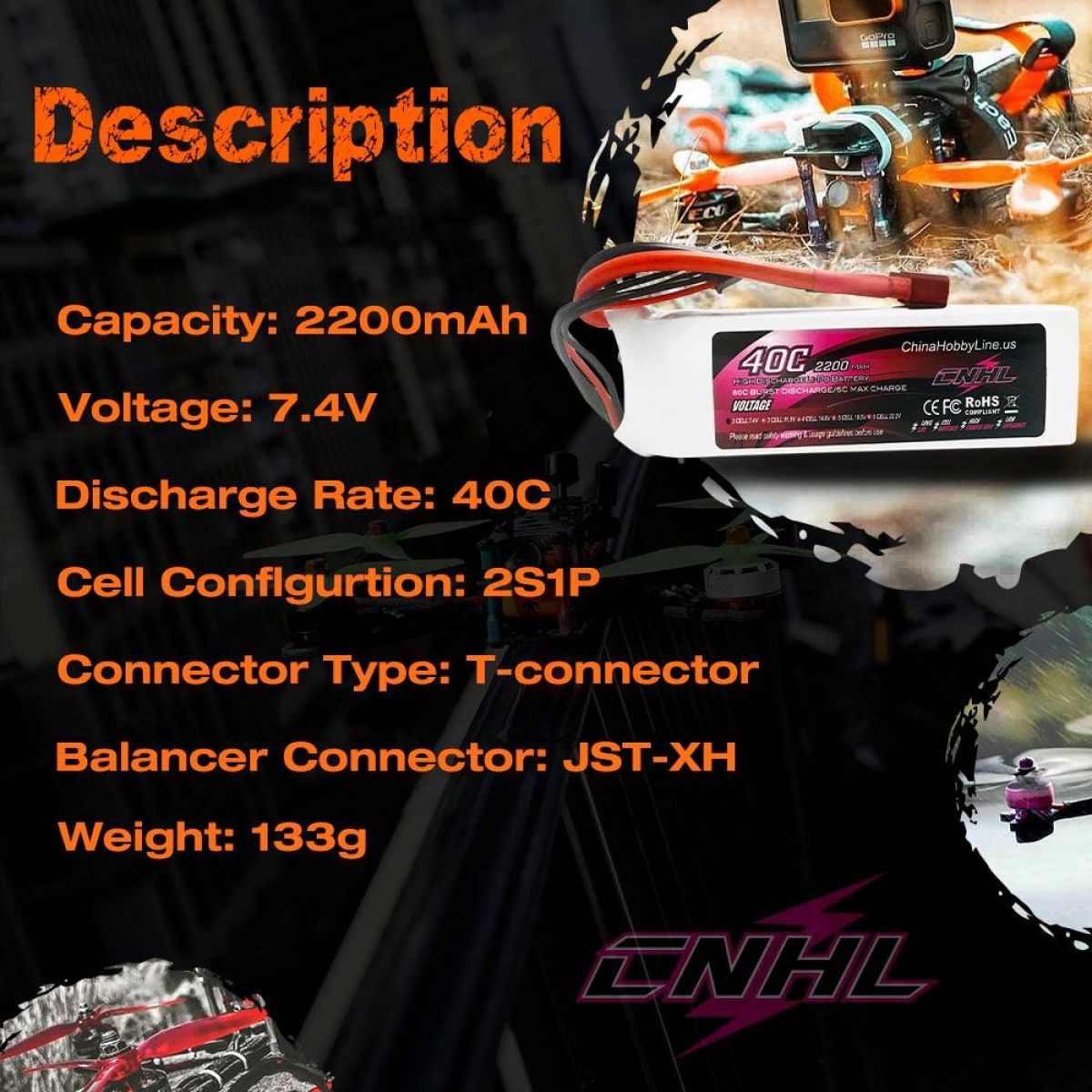 Аккумулятор CNHL 7.4V 2200mAh Lipo 2S 40C с разъёмом T Dean для FPV дронов, самолётов, вертолётов Аккумулятор CNHL 7.4V 2200mAh Lipo 2S 40C с разъёмом T Dean для FPV дронов, самолётов, вертолётов
