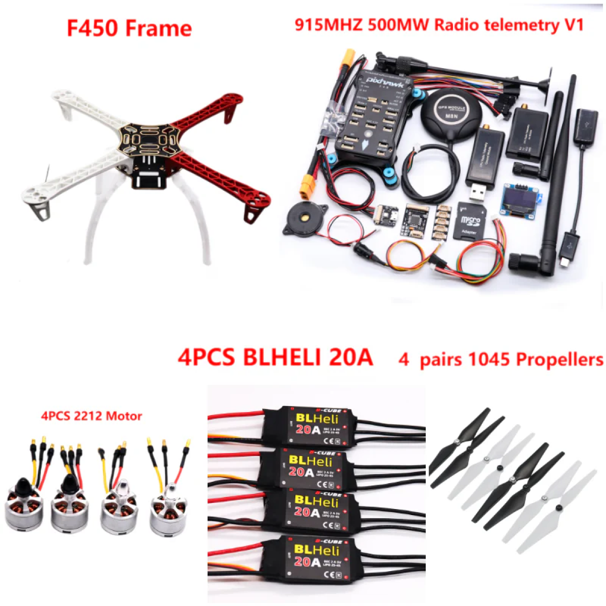 Дрон-комплект F450 с PIXHAWK 2.4.8, Ardupilot, телеметрия 100мВт, BLHeli 20A, моторы 2212, шасси Дрон-комплект F450 с PIXHAWK 2.4.8, Ardupilot, телеметрия 100мВт, BLHeli 20A, моторы 2212, шасси