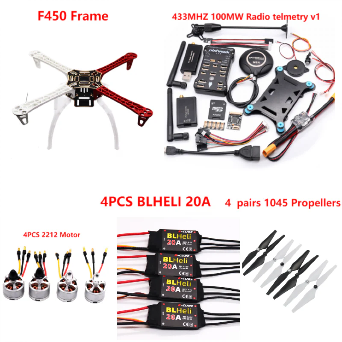 Дрон-комплект F450 с PIXHAWK 2.4.8, Ardupilot, телеметрия 100мВт, BLHeli 20A, моторы 2212, шасси Дрон-комплект F450 с PIXHAWK 2.4.8, Ardupilot, телеметрия 100мВт, BLHeli 20A, моторы 2212, шасси
