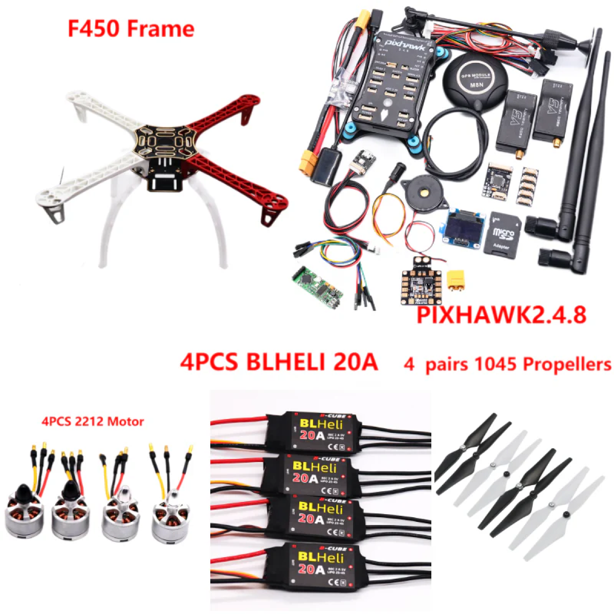 Дрон-комплект F450 с PIXHAWK 2.4.8, Ardupilot, телеметрия 100мВт, BLHeli 20A, моторы 2212, шасси Дрон-комплект F450 с PIXHAWK 2.4.8, Ardupilot, телеметрия 100мВт, BLHeli 20A, моторы 2212, шасси
