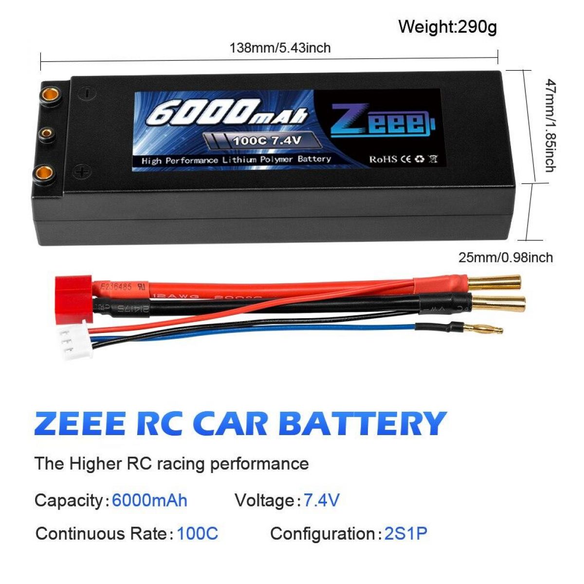 Аккумулятор Zeee LiPo 6000мАч 7.4В 100C 2S с разъемом Deans T для RC машин, катеров, дронов Аккумулятор Zeee LiPo 6000мАч 7.4В 100C 2S с разъемом Deans T для RC машин, катеров, дронов