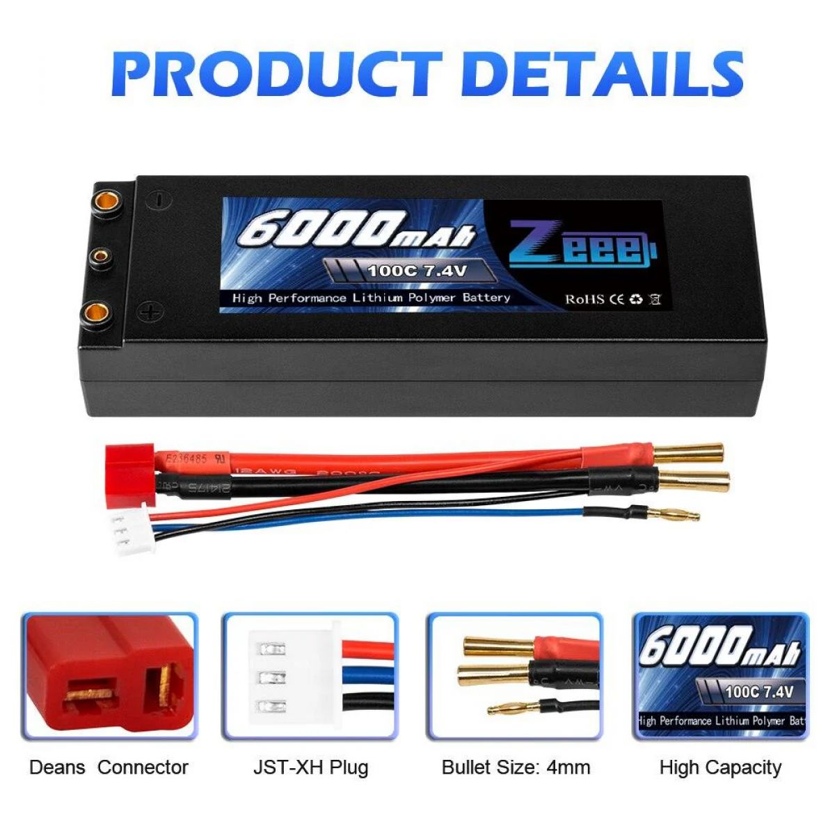 Аккумулятор Zeee LiPo 6000мАч 7.4В 100C 2S с разъемом Deans T для RC машин, катеров, дронов Аккумулятор Zeee LiPo 6000мАч 7.4В 100C 2S с разъемом Deans T для RC машин, катеров, дронов