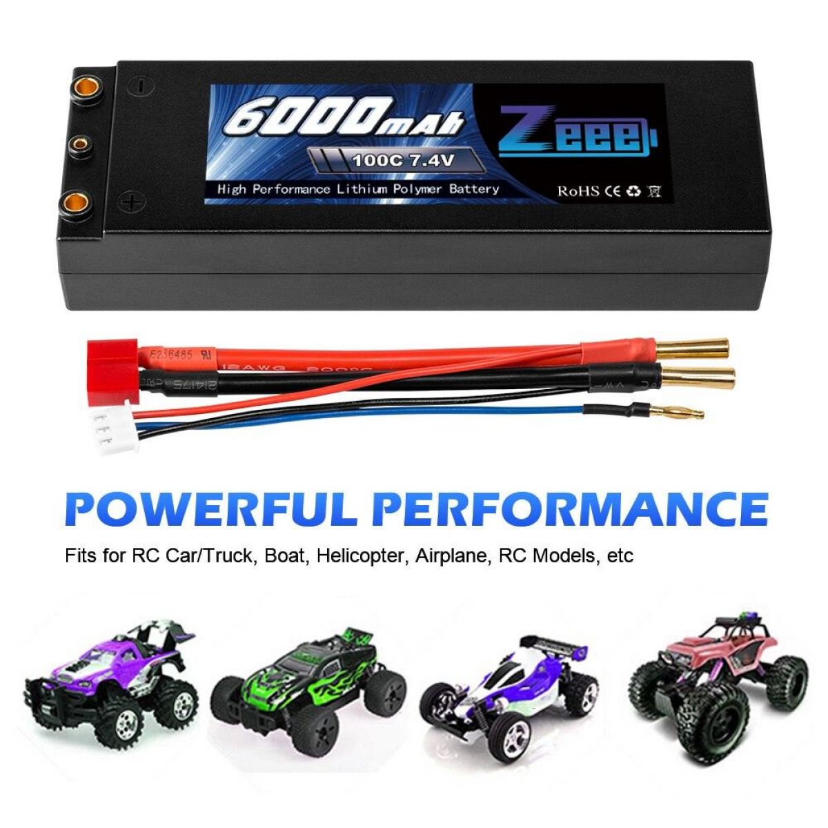 Аккумулятор Zeee LiPo 6000мАч 7.4В 100C 2S с разъемом Deans T для RC машин, катеров, дронов Аккумулятор Zeee LiPo 6000мАч 7.4В 100C 2S с разъемом Deans T для RC машин, катеров, дронов