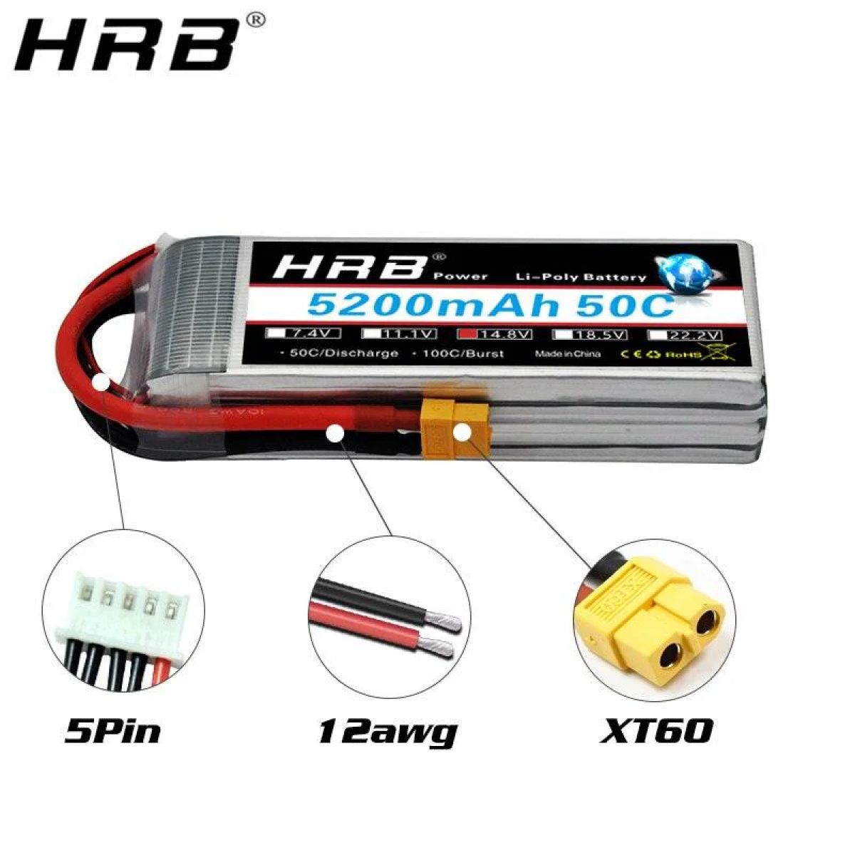HRB 14.8V Lipo аккумулятор 4S 5200mAh 50C T Deans XT60 XT90 EC5 для RC самолётов, авто, лодок HRB 14.8V Lipo аккумулятор 4S 5200mAh 50C T Deans XT60 XT90 EC5 для RC самолётов, авто, лодок