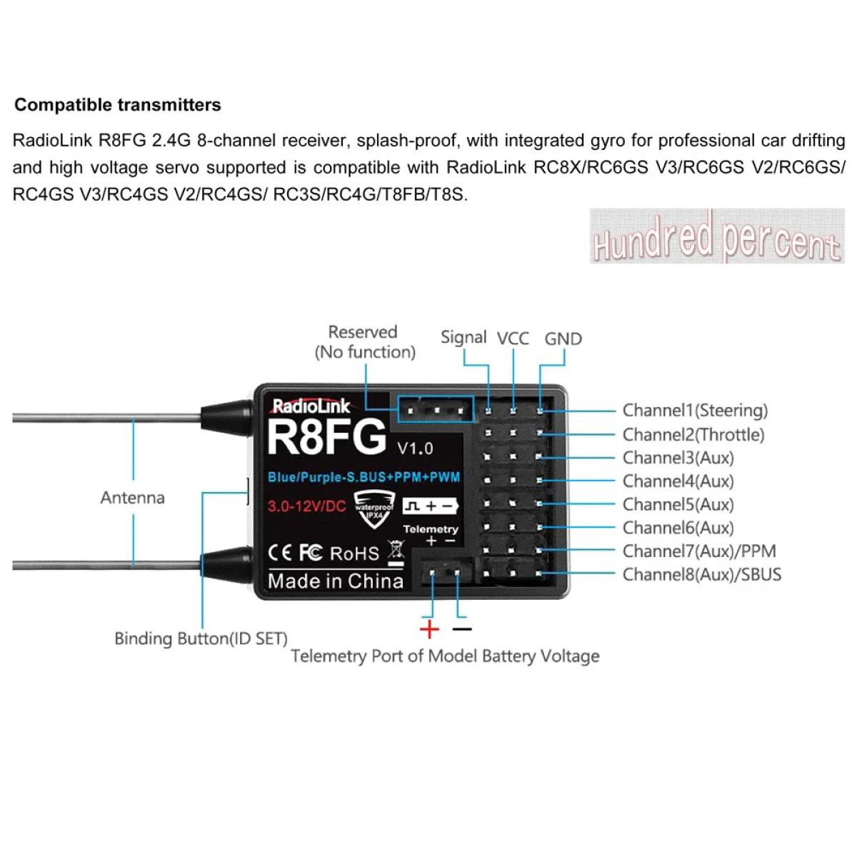 Приемник RadioLink R8FG 2.4ГГц 8CH с двойной антенной и гироскопом для RC6GS/RC8X/RC передатчика Приемник RadioLink R8FG 2.4ГГц 8CH с двойной антенной и гироскопом для RC6GS/RC8X/RC передатчика