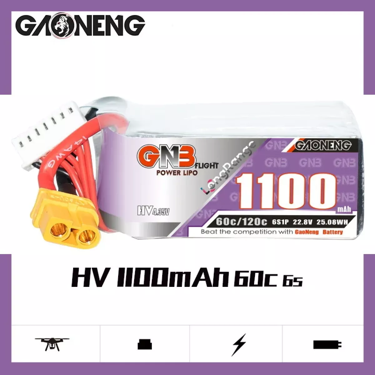 Аккумулятор GaoNeng GNB 6S HV 22.8V 1100mAh 60C/120C LiPo для гоночных FPV квадрокоптеров Аккумулятор GaoNeng GNB 6S HV 22.8V 1100mAh 60C/120C LiPo для гоночных FPV квадрокоптеров