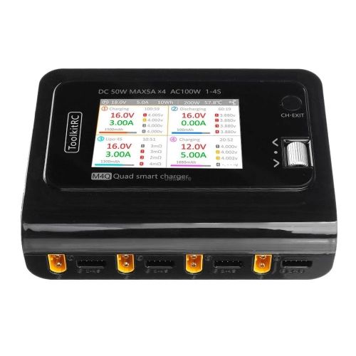 Зарядное устройство ToolkitRC M4Q 4x50W 5A 1-4S AC/DC, 4 порта XT60/XT30, дисплей IPS для FPV дронов