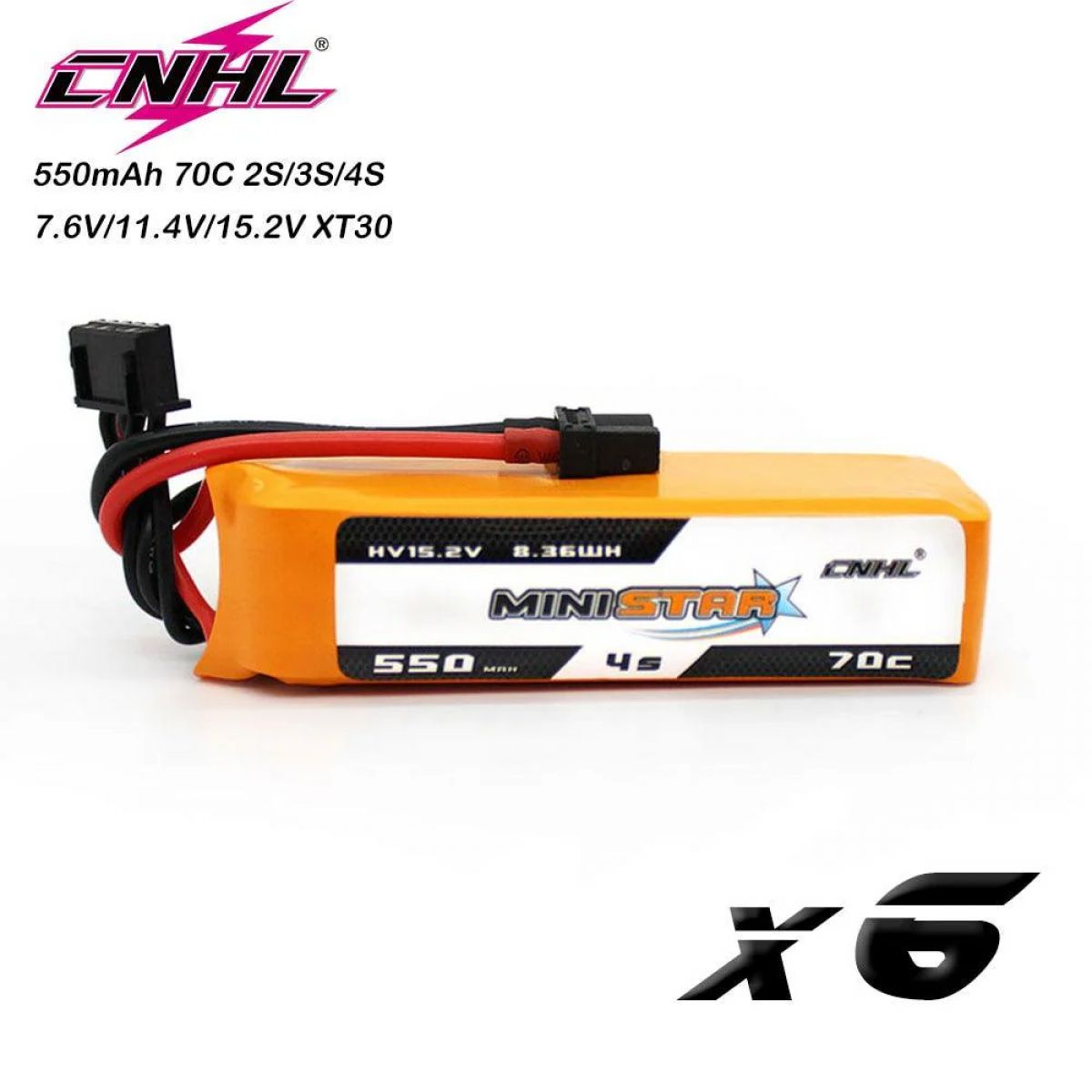 Комплект 6шт CNHL 2S/3S/4S 7.6V/11.4V/15.2V 550mAh Lipo 70C MiniStar HV XT30 для FPV дрона и самолёта Комплект 6шт CNHL 2S/3S/4S 7.6V/11.4V/15.2V 550mAh Lipo 70C MiniStar HV XT30 для FPV дрона и самолёта