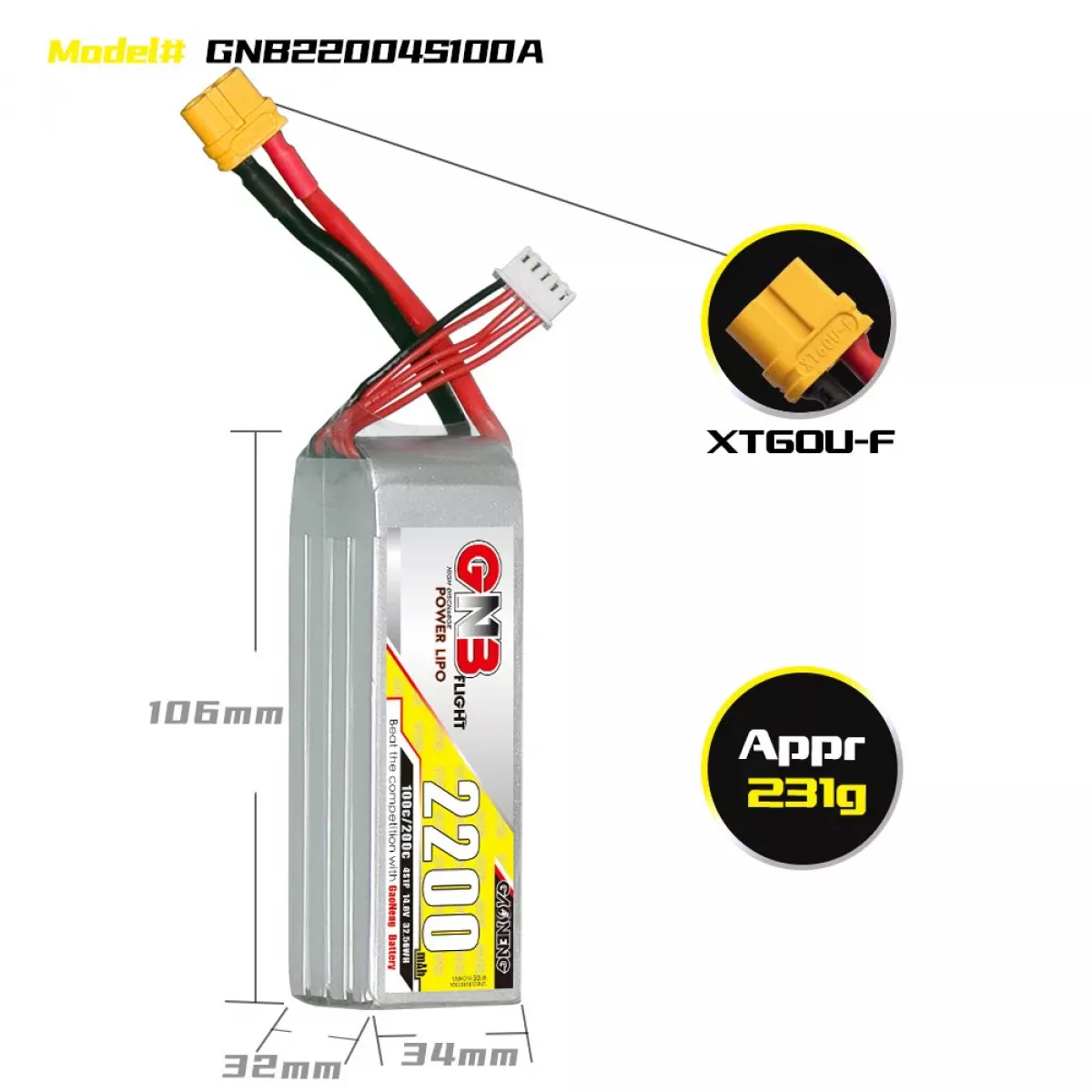 Аккумулятор LiPo GNB 4S 14.8V 2200мАч 100C/200C для дронов Аккумулятор LiPo GNB 4S 14.8V 2200мАч 100C/200C для дронов