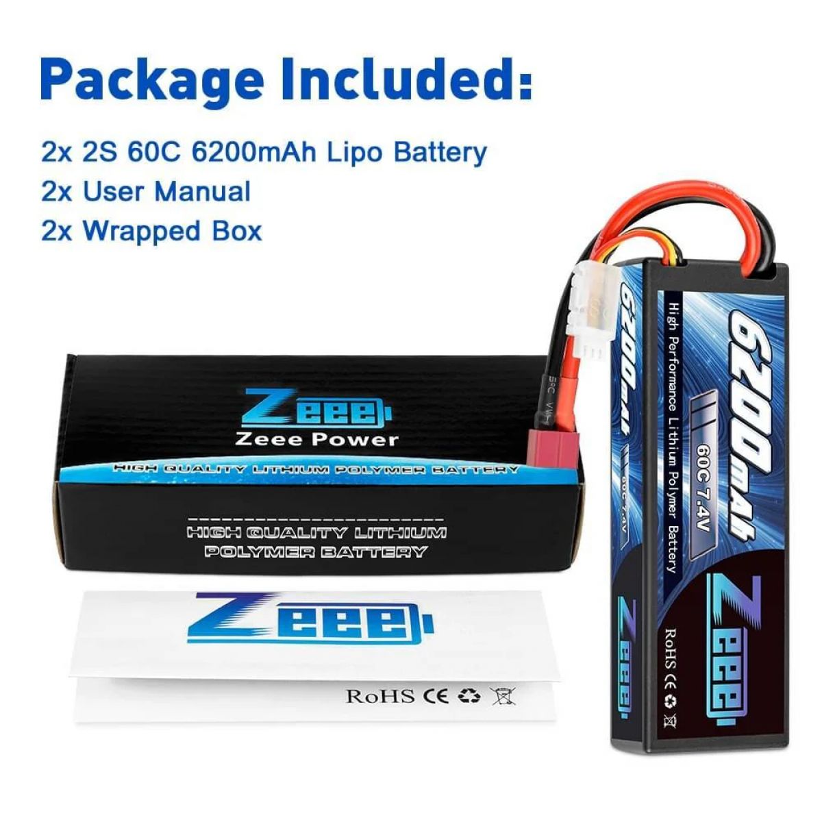 1/2шт Zeee 7.4V 60C 6200mAh LiPo аккумулятор Deans 2S Hardcase для RC авто, грузовика, лодки 1/2шт Zeee 7.4V 60C 6200mAh LiPo аккумулятор Deans 2S Hardcase для RC авто, грузовика, лодки